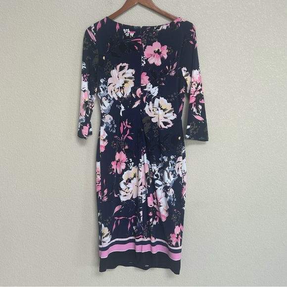 INC International Concepts Floral Dress Size Medium Navy Pink 3/4 Sleeve Sheath - Picture 2 of 6